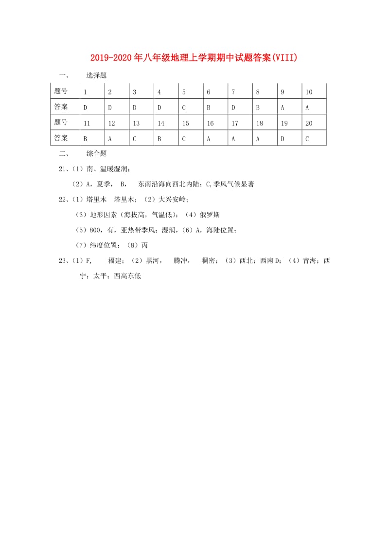 2019-2020年八年级地理上学期期中试题答案(VIII).doc_第1页