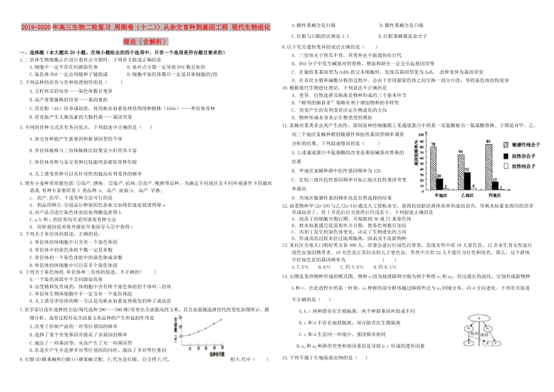 2019-2020年高三生物二轮复习 周测卷（十二））从杂交育种到基因工程 现代生物进化理论（含解析）.doc_第1页