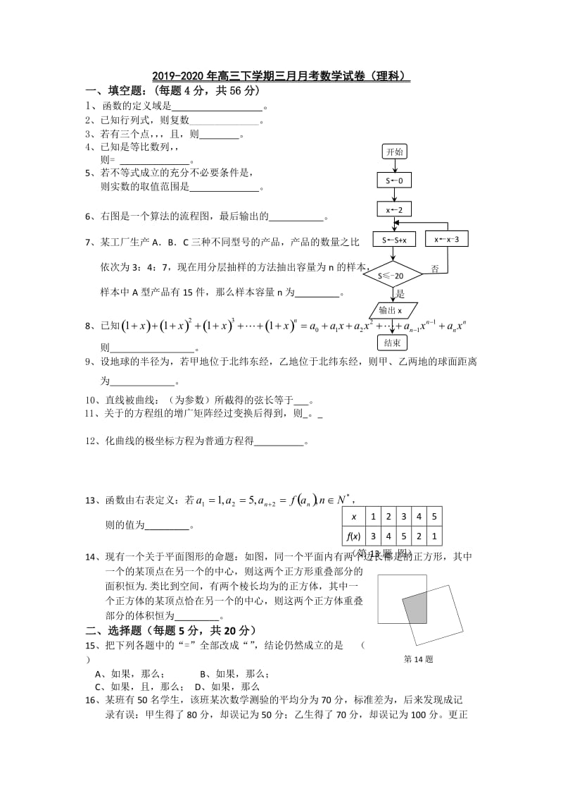 2019-2020年高三下学期三月月考数学试卷（理科）.doc_第1页