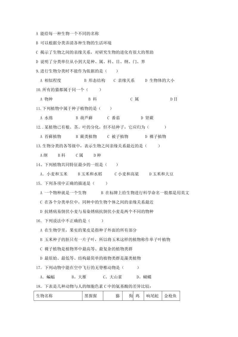 2019-2020年八年级生物上册 第6单元 生物的多样性及其保护习题（新版）新人教版.doc_第3页