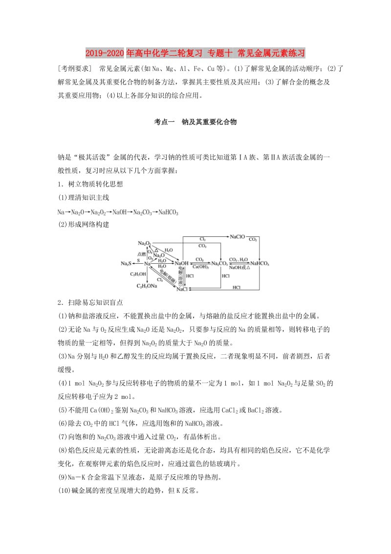 2019-2020年高中化学二轮复习 专题十 常见金属元素练习.doc_第1页