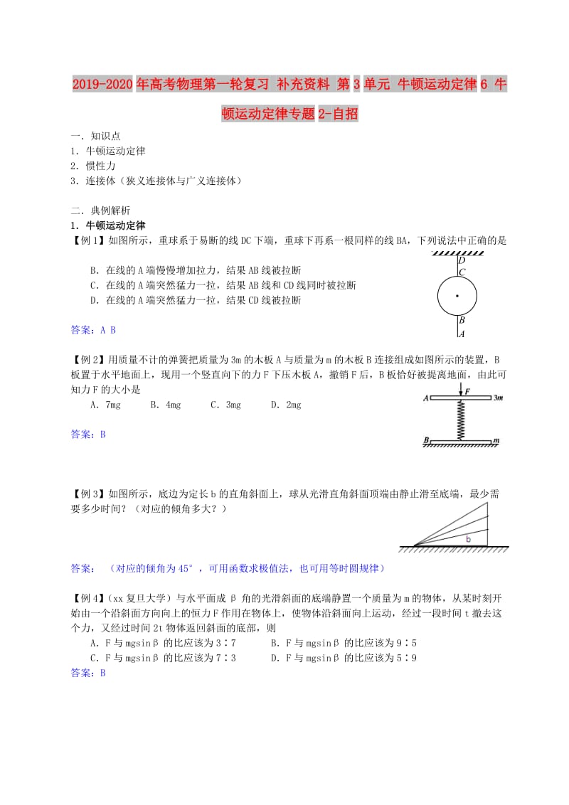 2019-2020年高考物理第一轮复习 补充资料 第3单元 牛顿运动定律6 牛顿运动定律专题2-自招.doc_第1页