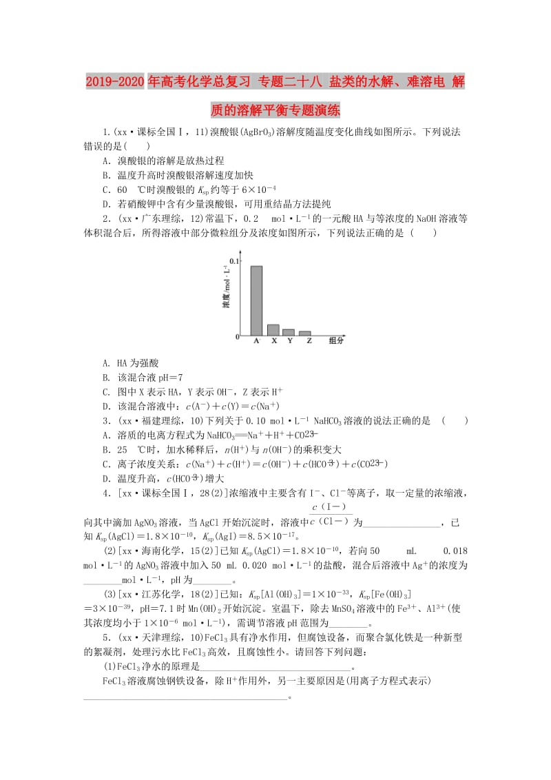 2019-2020年高考化学总复习 专题二十八 盐类的水解、难溶电 解质的溶解平衡专题演练.doc_第1页