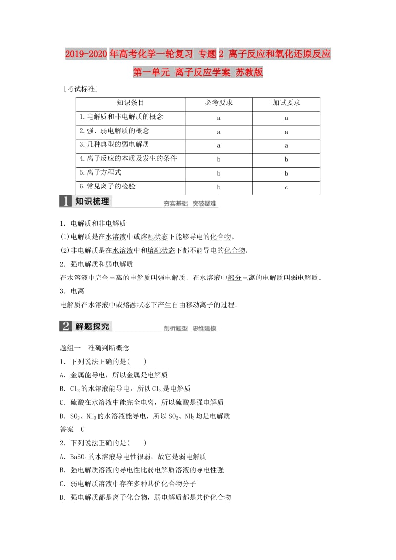 2019-2020年高考化学一轮复习 专题2 离子反应和氧化还原反应 第一单元 离子反应学案 苏教版.doc_第1页