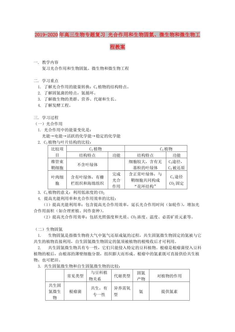 2019-2020年高三生物专题复习 光合作用和生物固氮、微生物和微生物工程教案.doc_第1页