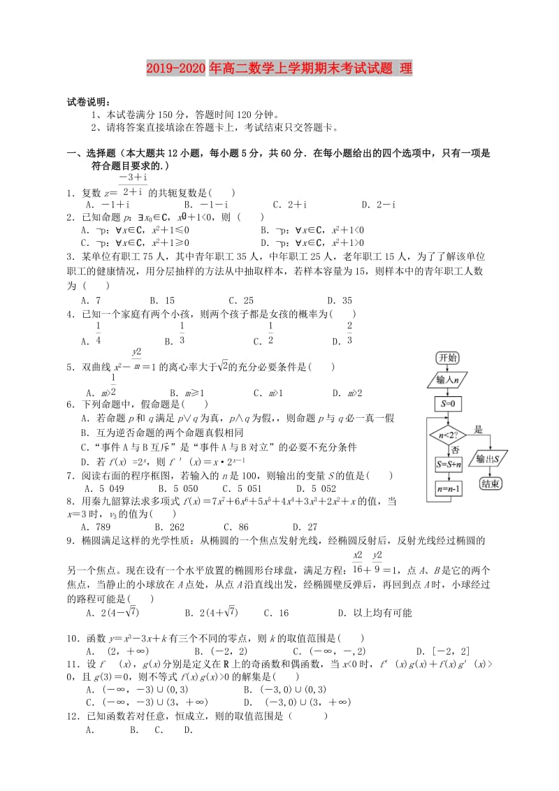 2019-2020年高二数学上学期期末考试试题 理.doc_第1页