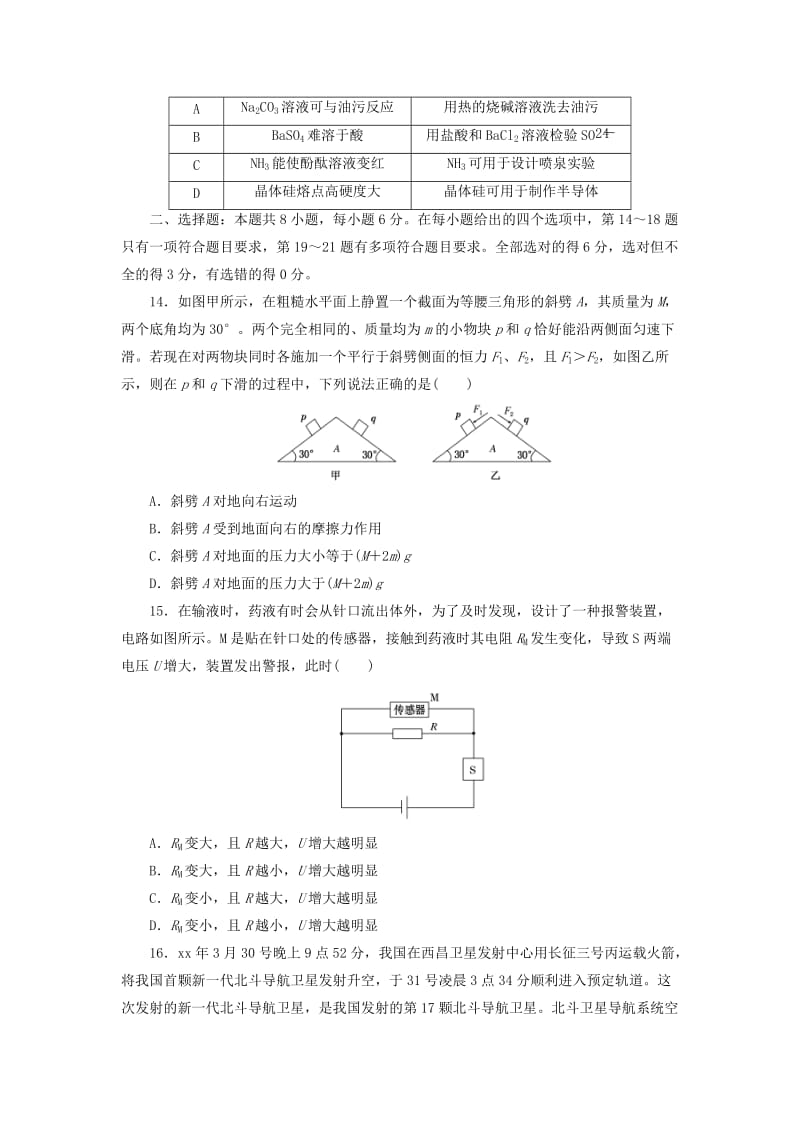 2019-2020年高三物理二轮复习 理综选择题提速练（二）.doc_第2页