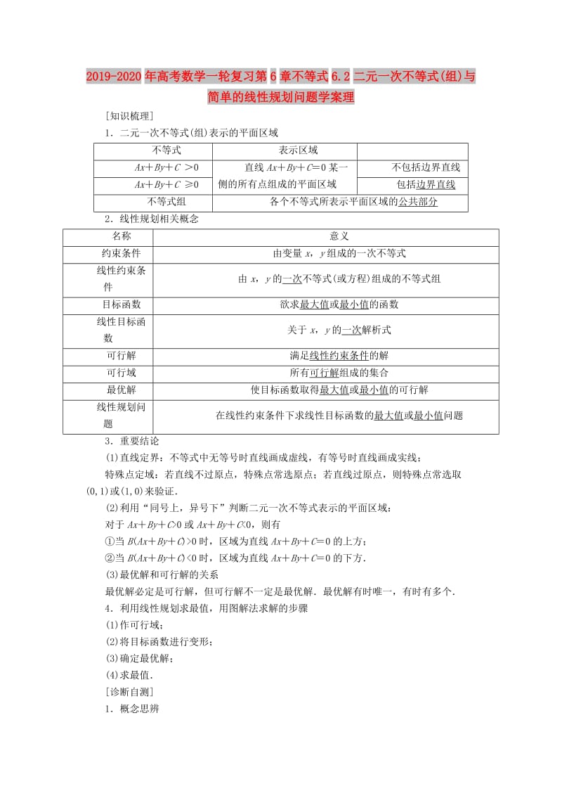 2019-2020年高考数学一轮复习第6章不等式6.2二元一次不等式(组)与简单的线性规划问题学案理.doc_第1页