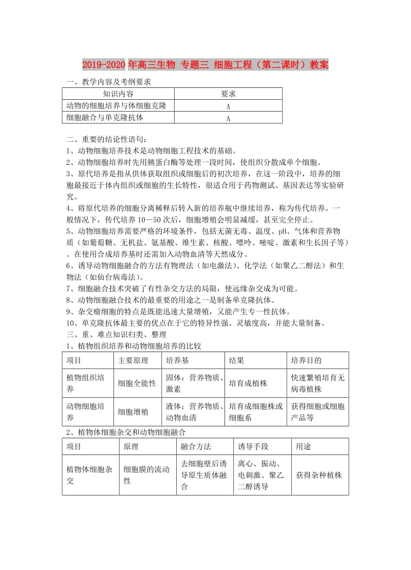 2019-2020年高三生物 专题三 细胞工程（第二课时）教案.doc_第1页