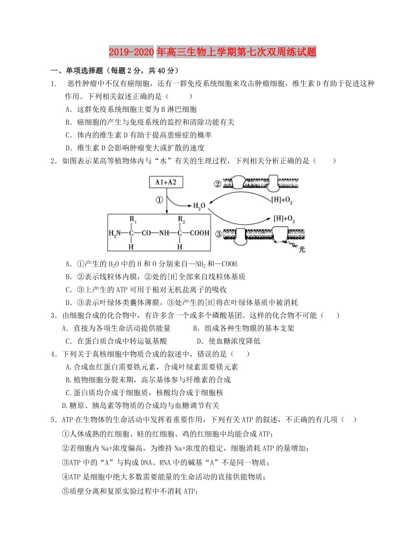 2019-2020年高三生物上学期第七次双周练试题.doc_第1页