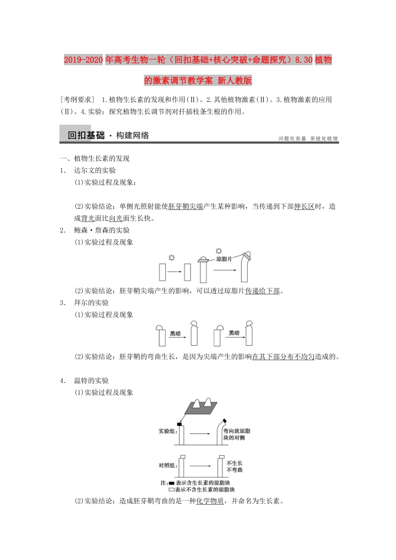 2019-2020年高考生物一轮（回扣基础+核心突破+命题探究）8.30植物的激素调节教学案 新人教版.doc_第1页