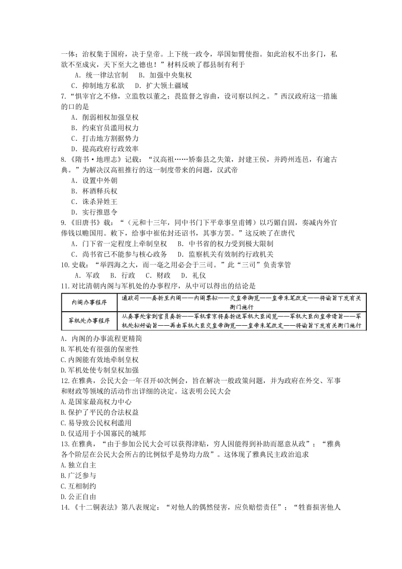 2019-2020年高一历史上学期阶段性测评期中试题.doc_第2页