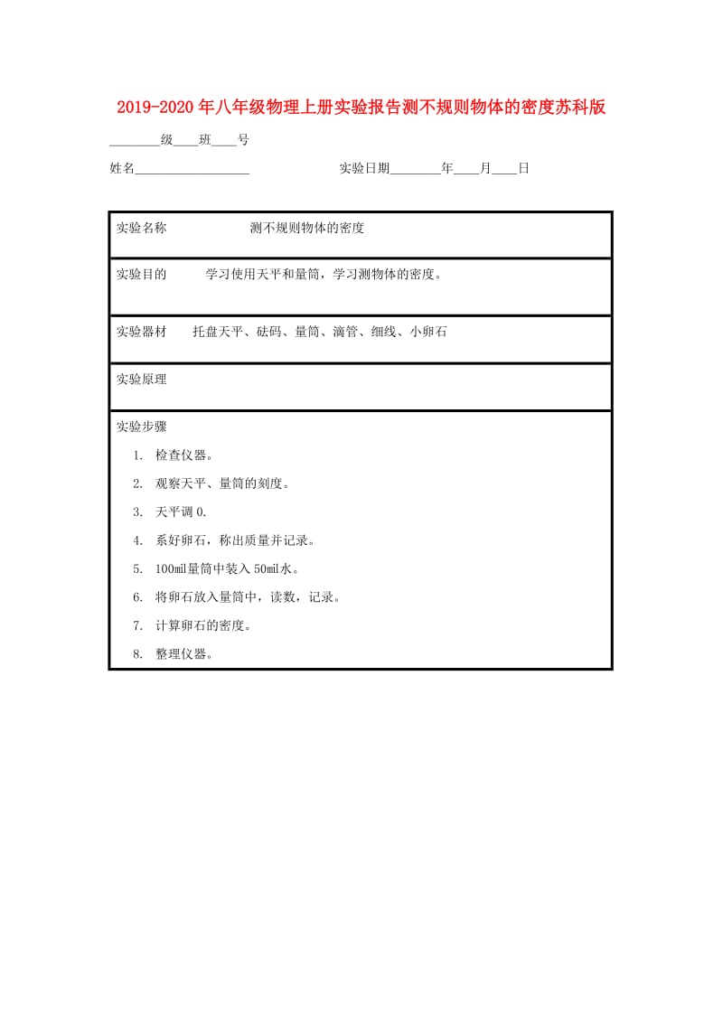 2019-2020年八年级物理上册实验报告测不规则物体的密度苏科版.doc_第1页