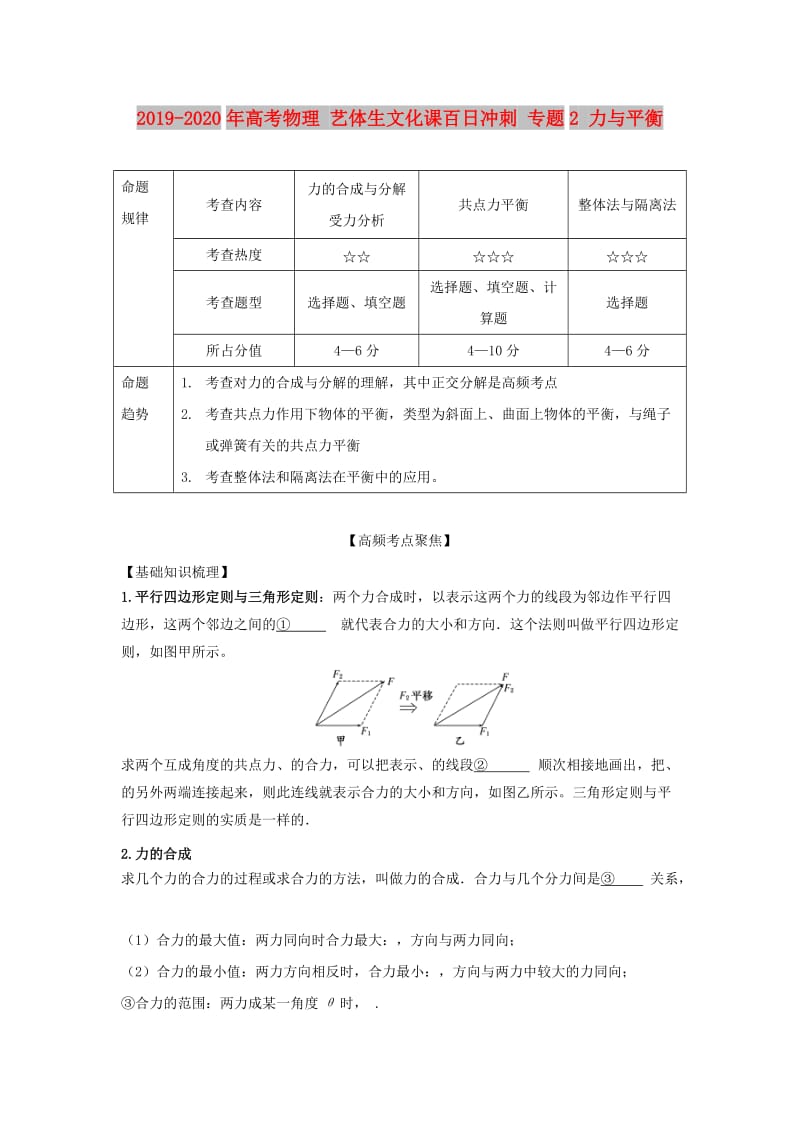 2019-2020年高考物理 艺体生文化课百日冲刺 专题2 力与平衡.doc_第1页