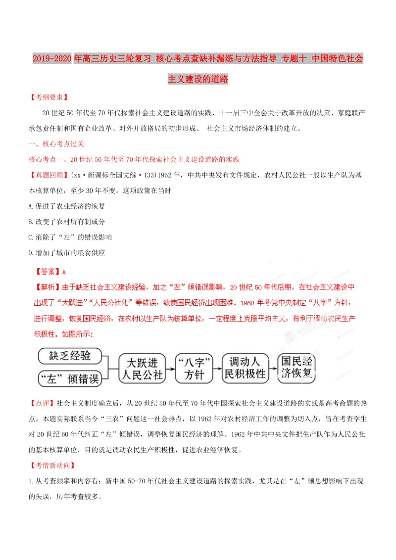 2019-2020年高三历史三轮复习 核心考点查缺补漏练与方法指导 专题十 中国特色社会主义建设的道路.doc_第1页