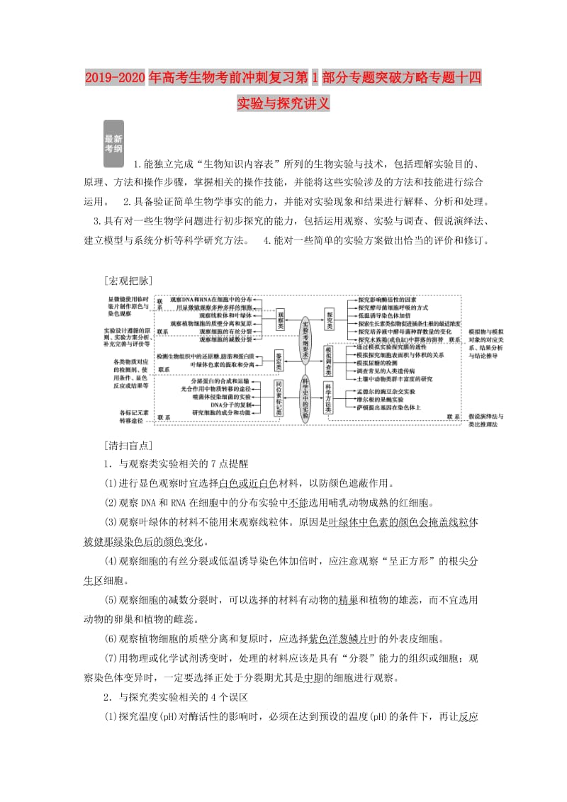 2019-2020年高考生物考前冲刺复习第1部分专题突破方略专题十四实验与探究讲义.doc_第1页