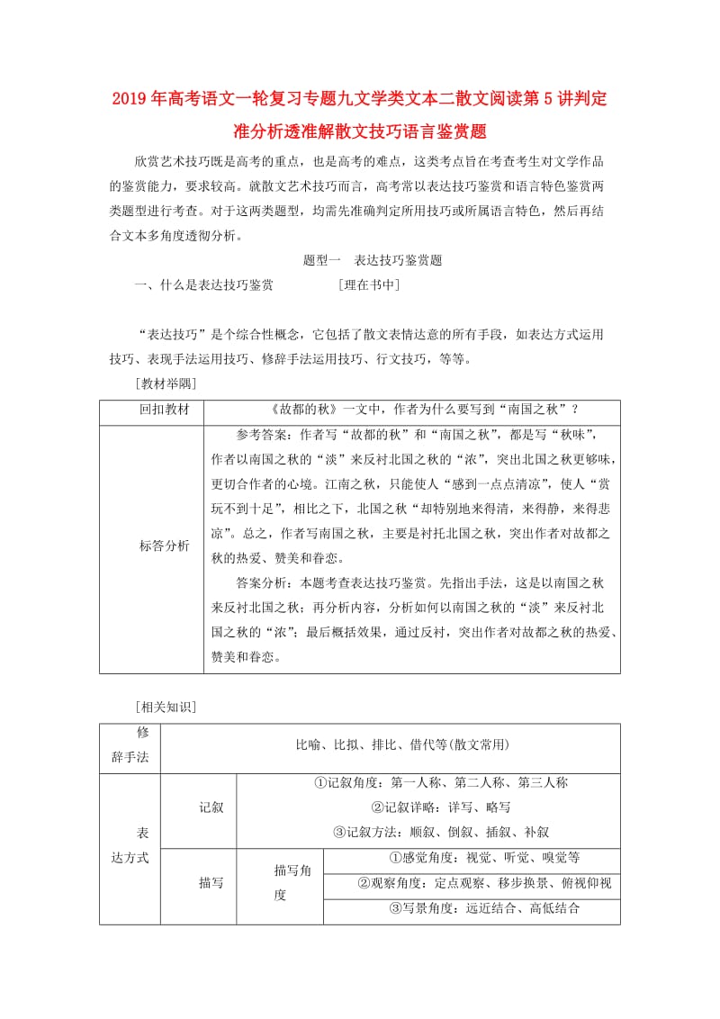 2019年高考语文一轮复习专题九文学类文本二散文阅读第5讲判定准分析透准解散文技巧语言鉴赏题.doc_第1页