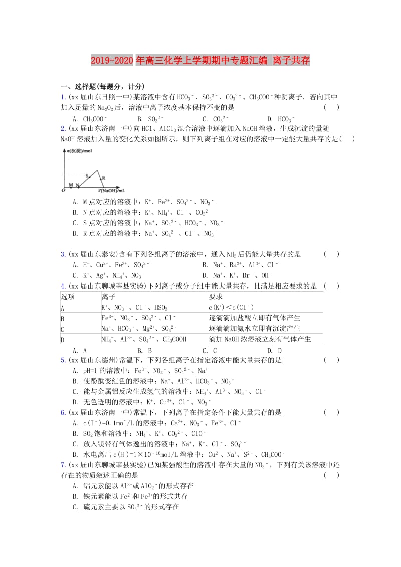 2019-2020年高三化学上学期期中专题汇编 离子共存.doc_第1页