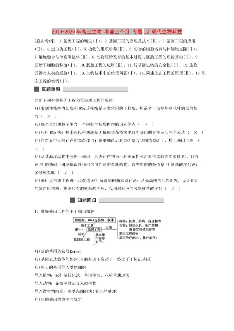 2019-2020年高三生物 考前三个月 专题12 现代生物科技.doc_第1页