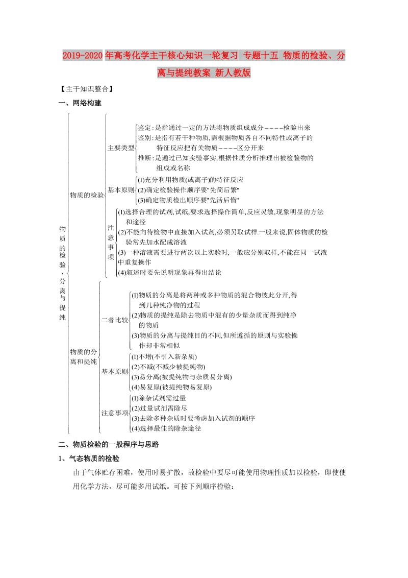 2019-2020年高考化学主干核心知识一轮复习 专题十五 物质的检验、分离与提纯教案 新人教版.doc_第1页