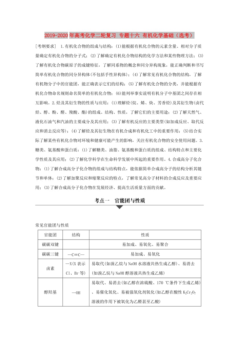 2019-2020年高考化学二轮复习 专题十六 有机化学基础（选考）.doc_第1页