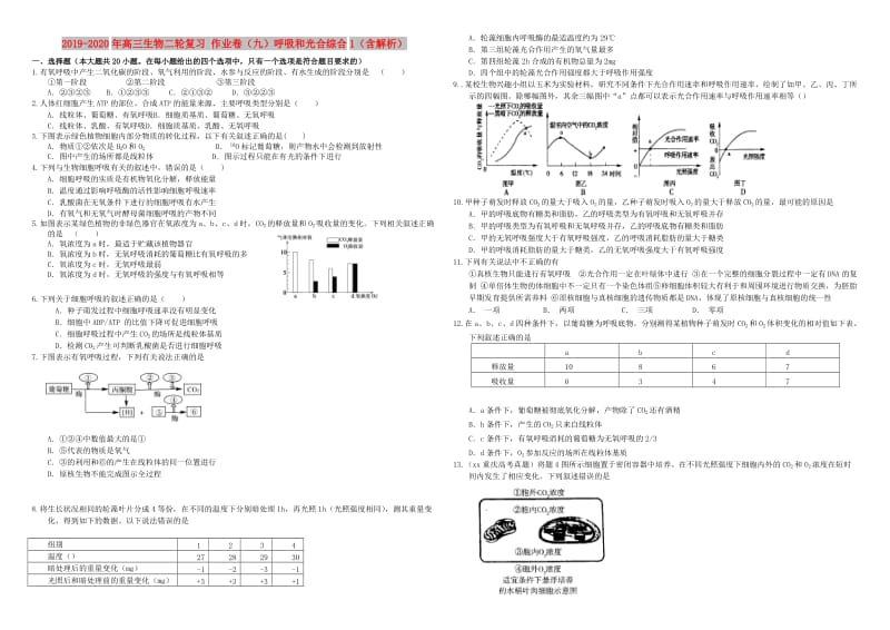 2019-2020年高三生物二轮复习 作业卷（九）呼吸和光合综合1（含解析）.doc_第1页