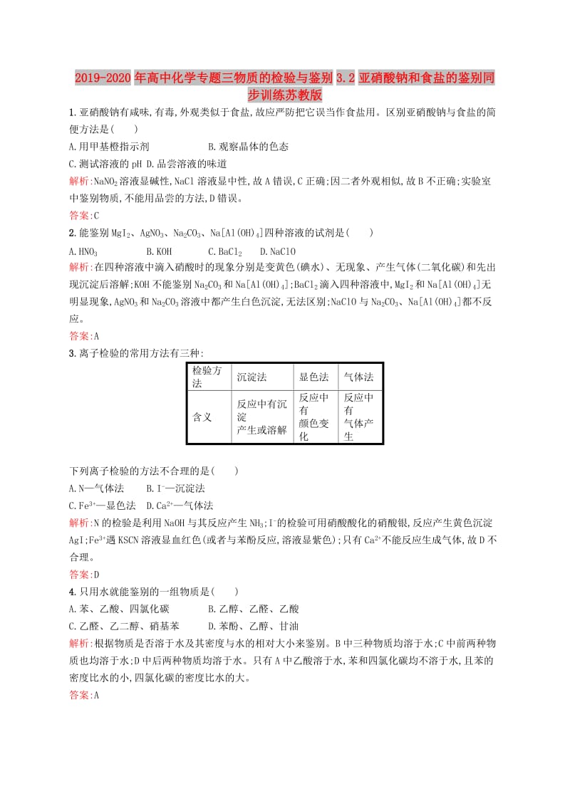 2019-2020年高中化学专题三物质的检验与鉴别3.2亚硝酸钠和食盐的鉴别同步训练苏教版.doc_第1页