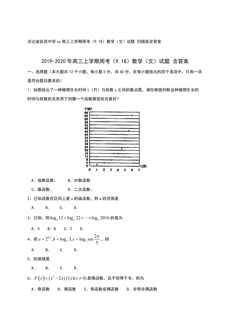 2019-2020年高三上学期周考（9.18）数学（文）试题 含答案.doc_第1页