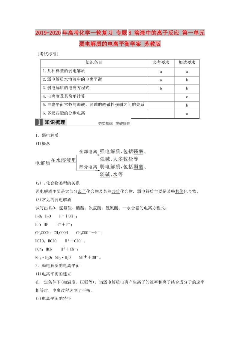 2019-2020年高考化学一轮复习 专题8 溶液中的离子反应 第一单元 弱电解质的电离平衡学案 苏教版.doc_第1页