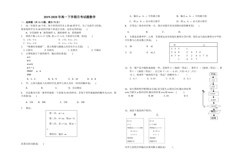 2019-2020年高一下学期月考试题数学.doc_第1页