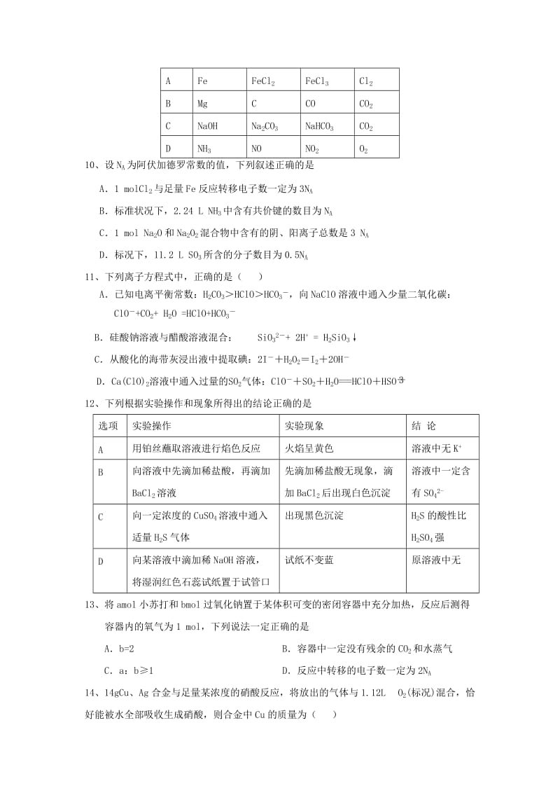 2019-2020年高三上学期期中考试化学试题 缺答案(III).doc_第3页