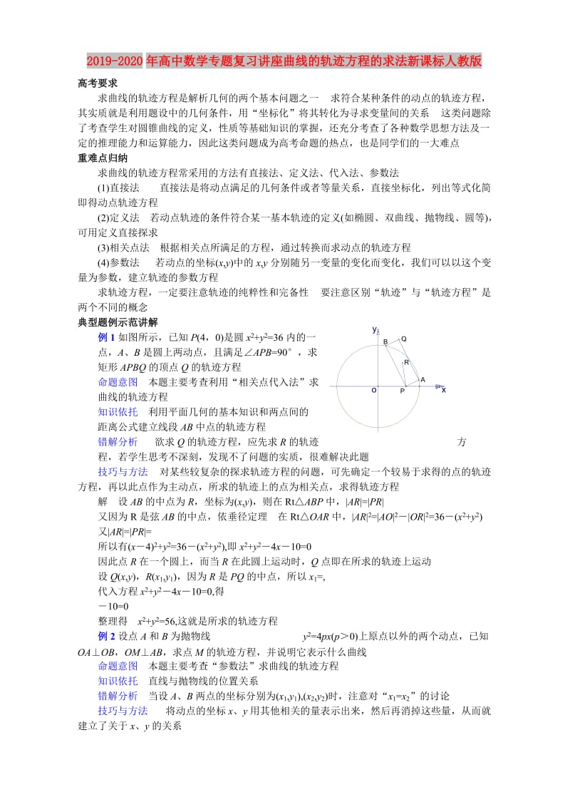 2019-2020年高中数学专题复习讲座曲线的轨迹方程的求法新课标人教版.doc_第1页