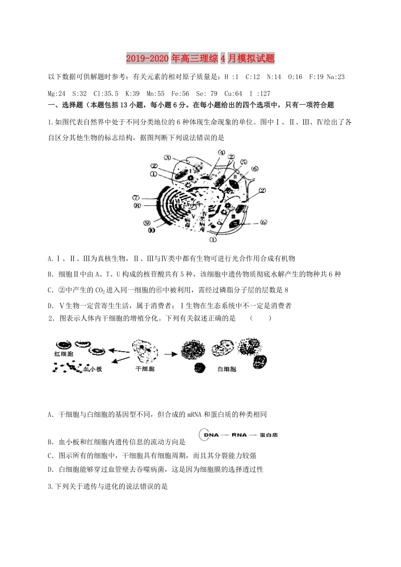 2019-2020年高三理综4月模拟试题.doc_第1页