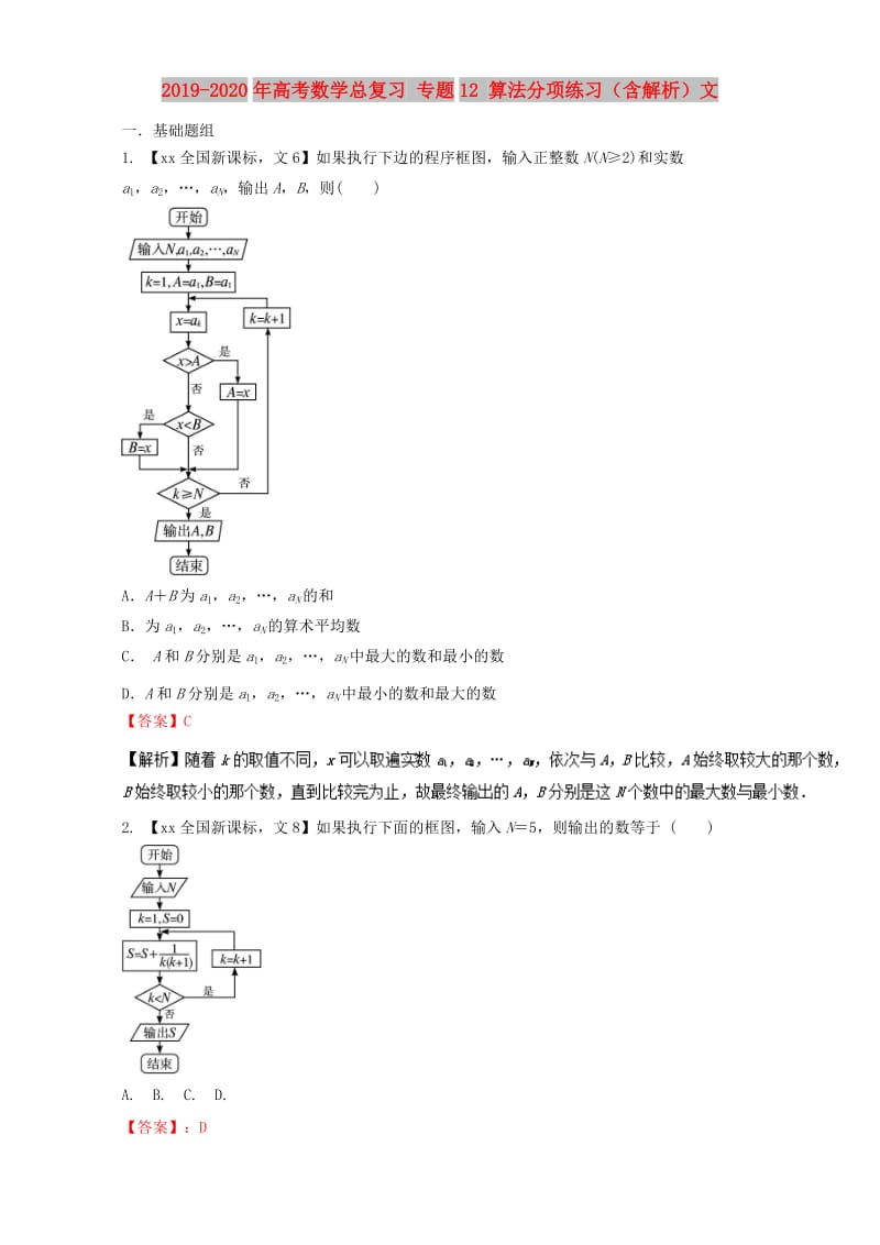 2019-2020年高考数学总复习 专题12 算法分项练习（含解析）文.doc_第1页