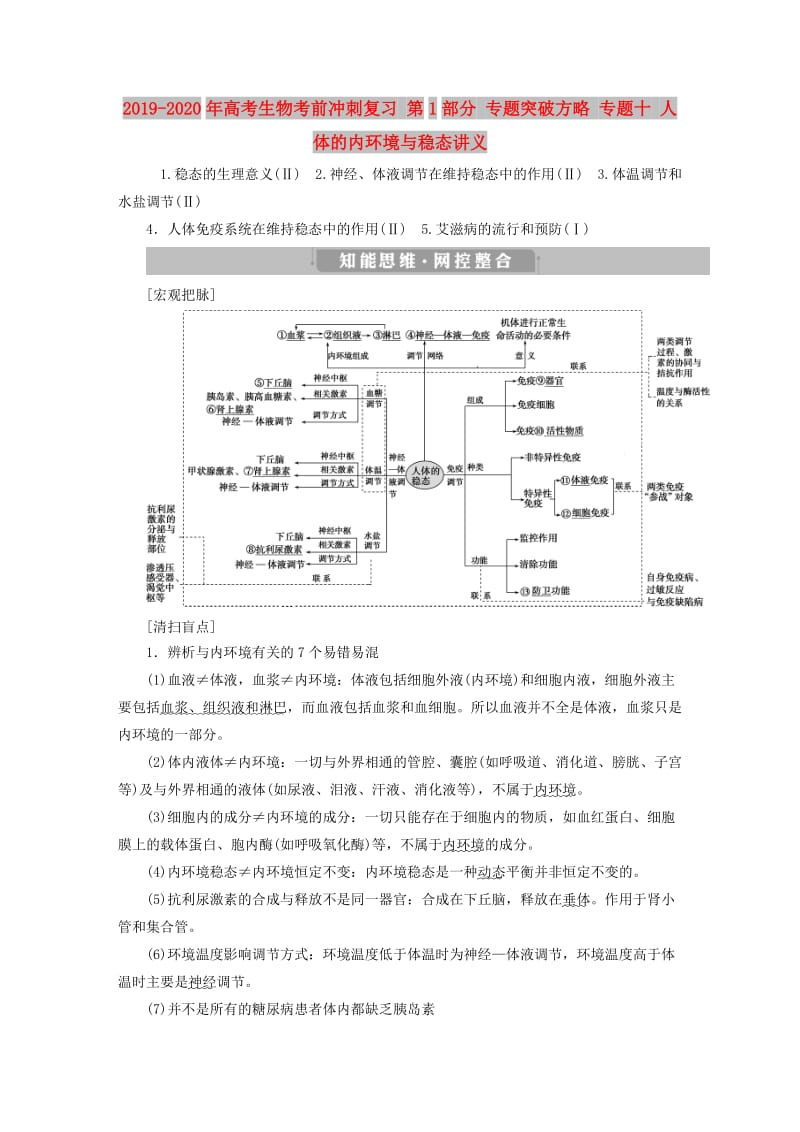 2019-2020年高考生物考前冲刺复习 第1部分 专题突破方略 专题十 人体的内环境与稳态讲义.doc_第1页