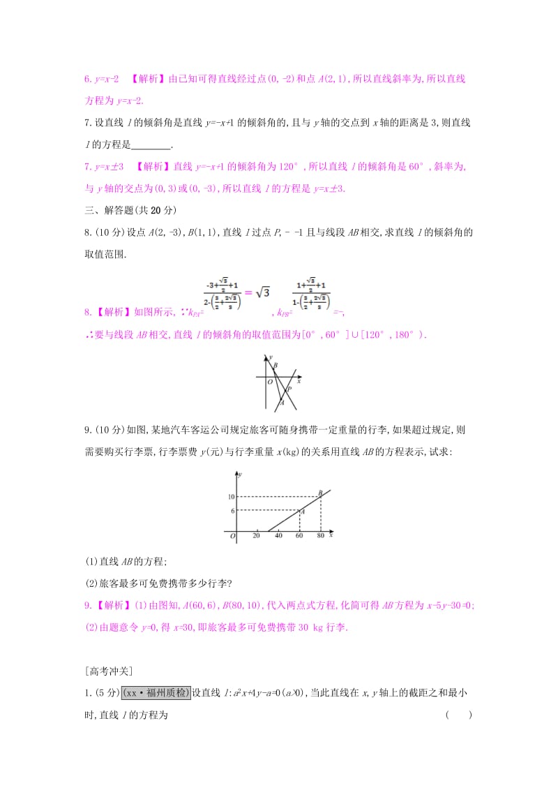 2019-2020年高考数学一轮复习第八章解析几何第一节直线的斜率与方程习题理.doc_第2页