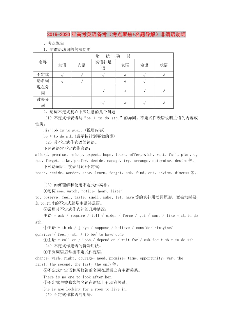 2019-2020年高考英语备考（考点聚焦+名题导解）非谓语动词.doc_第1页