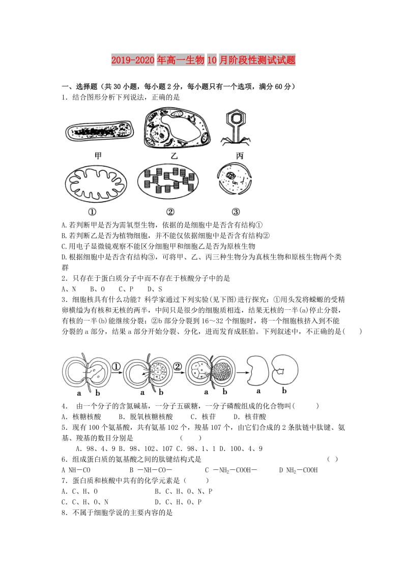 2019-2020年高一生物10月阶段性测试试题.doc_第1页