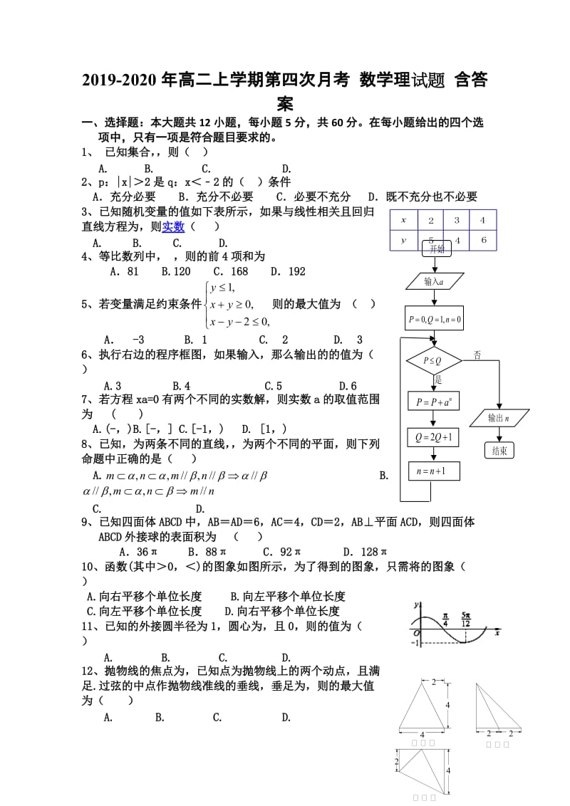 2019-2020年高二上学期第四次月考 数学理试题 含答案.doc_第1页