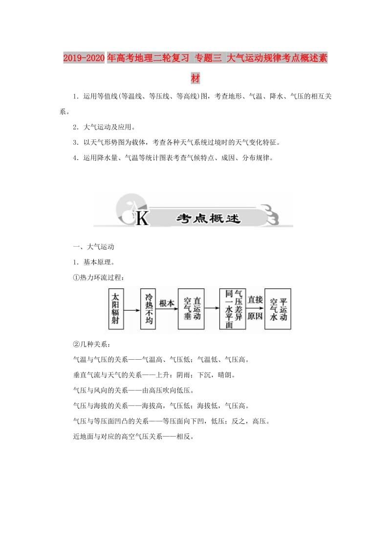 2019-2020年高考地理二轮复习 专题三 大气运动规律考点概述素材.doc_第1页