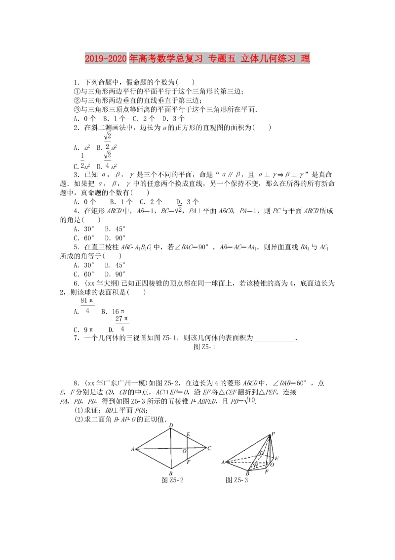 2019-2020年高考数学总复习 专题五 立体几何练习 理.doc_第1页