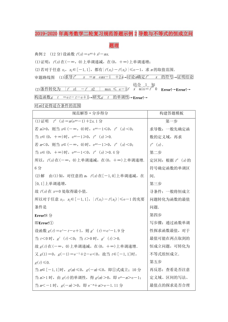 2019-2020年高考数学二轮复习规范答题示例2导数与不等式的恒成立问题理.doc_第1页