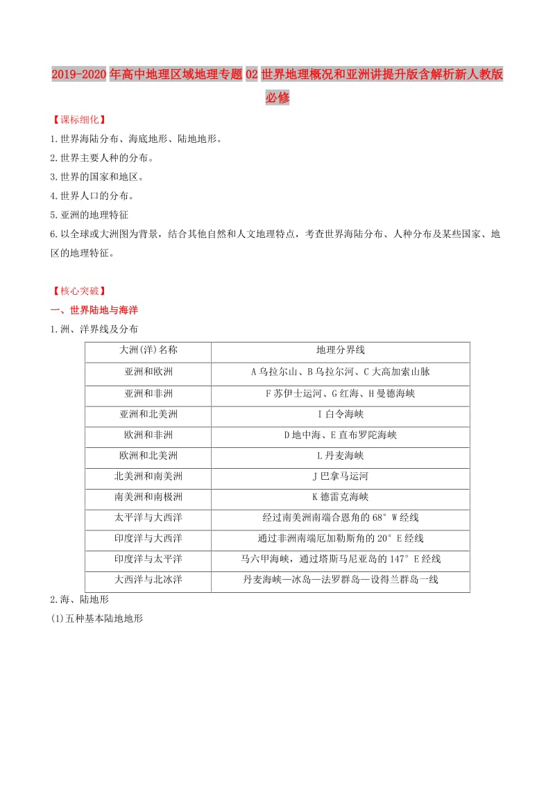 2019-2020年高中地理区域地理专题02世界地理概况和亚洲讲提升版含解析新人教版必修.doc_第1页