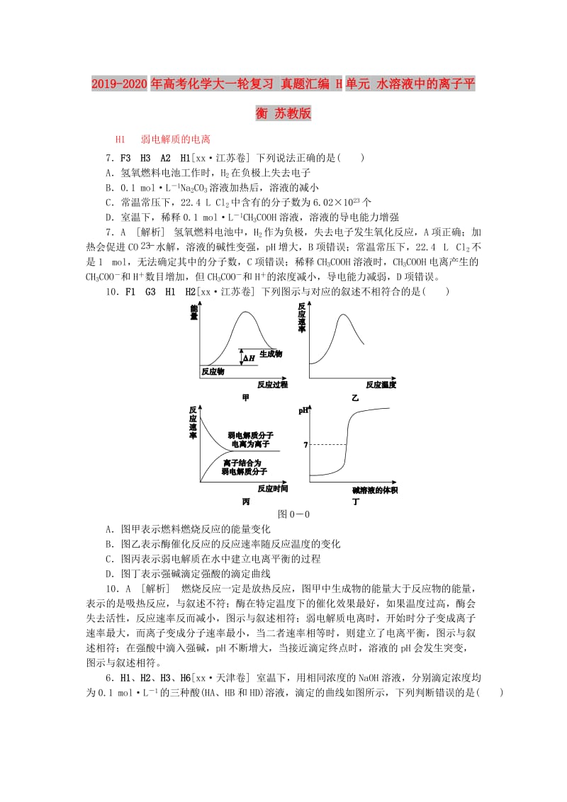 2019-2020年高考化学大一轮复习 真题汇编 H单元 水溶液中的离子平衡 苏教版.doc_第1页