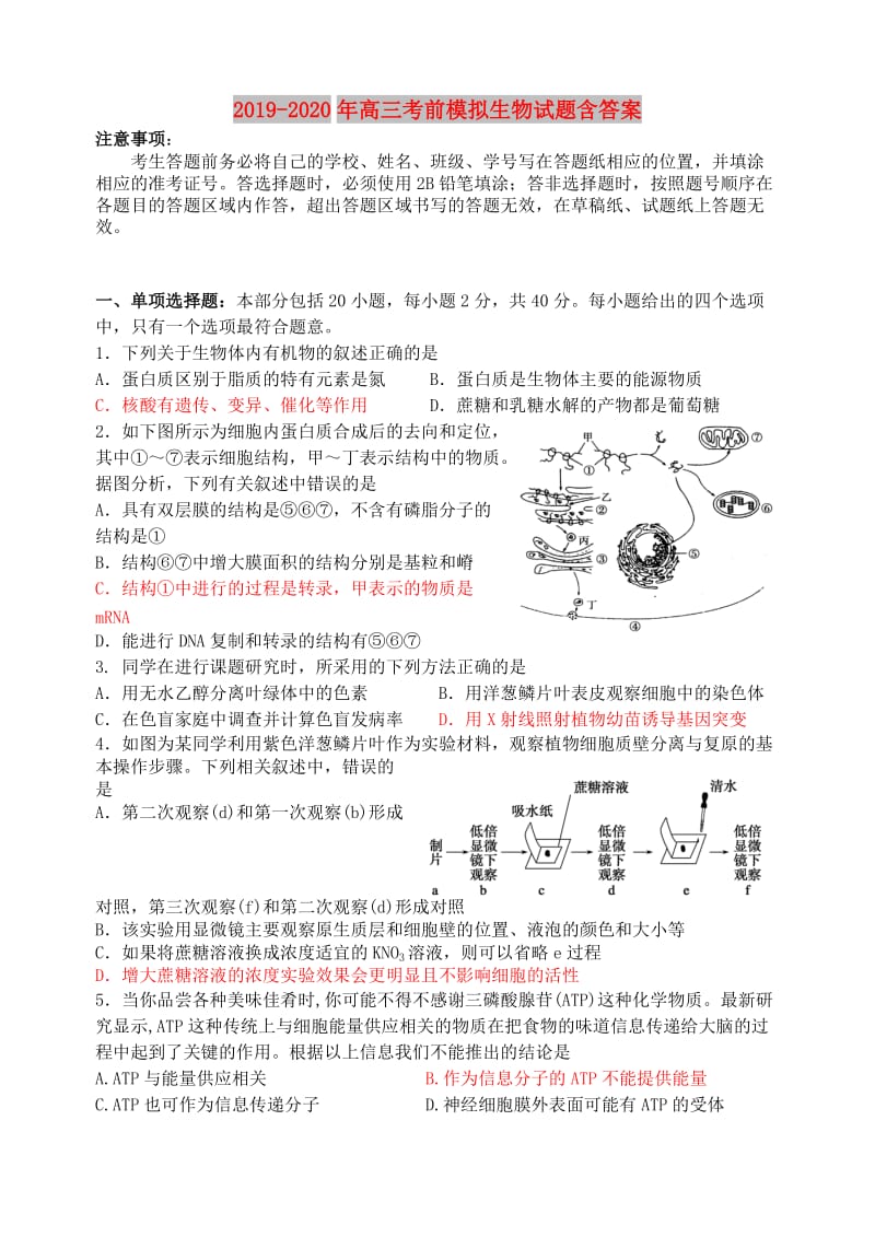 2019-2020年高三考前模拟生物试题含答案.doc_第1页