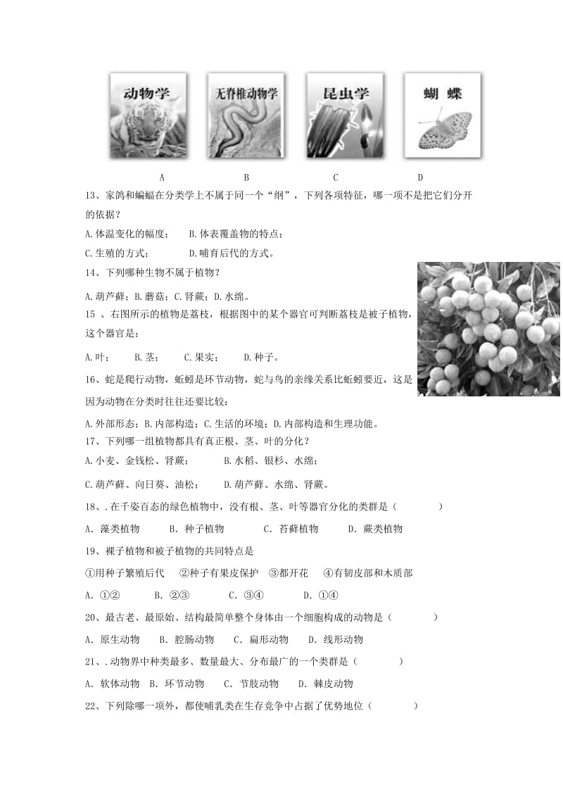 2019-2020年八年级生物上册 第十四章 丰富多彩的生物世界测试题（新版）苏教版.doc_第2页