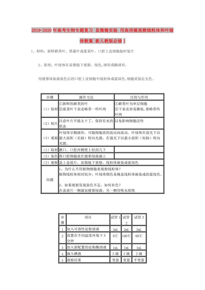 2019-2020年高考生物专题复习 显微镜实验 用高倍镜观察线粒体和叶绿体教案 新人教版必修1.doc_第1页