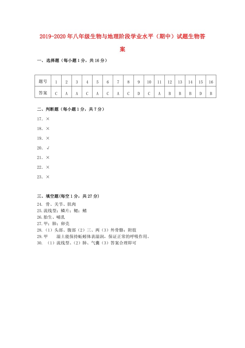 2019-2020年八年级生物与地理阶段学业水平（期中）试题生物答案.doc_第1页