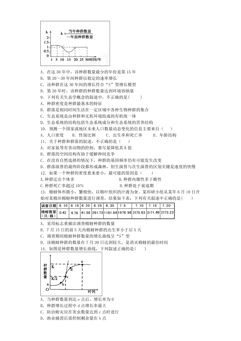 2019-2020年高三生物复习 精选单元巩固练习题 种群和群落（含解析）新人教版必修3.doc_第2页