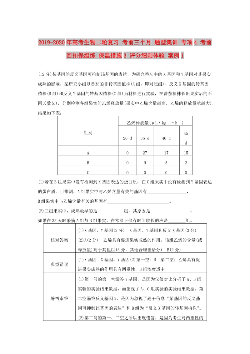 2019-2020年高考生物二轮复习 考前三个月 题型集训 专项4 考前回扣保温练 保温措施3 评分细则体验 案例1.doc_第1页